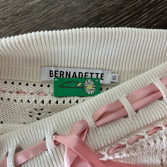 NWOT Bernadette Nina Heart Pointelle Knit Mini Skirt White Pink Ribbon Trim Lace - Picture 4 of 15
